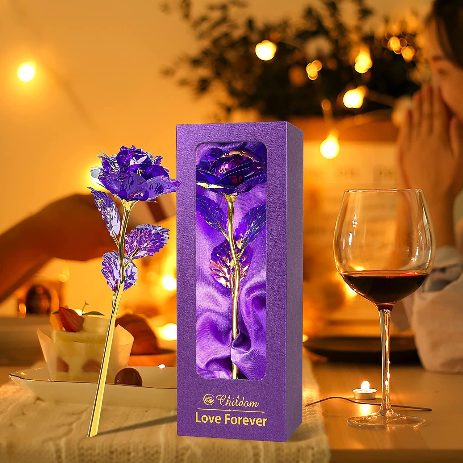 Purple Colorful Rose Flower Present Golden Foil with Luxury Gift Box Great Gift Idea for Valentine'S Day, Mother'S Day, Thanksgiving Day, Christmas, Birthday, Anniversary