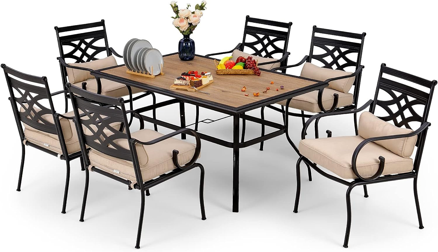 Patio Dining Set for 6, 7 PCS Outdoor Dining Sets - 1 Rectangle 37X60In Dining Table (1.57" Umbrella Hole) & 6 Patio Dining Chairs,Metal Patio Furniture for Outdoor Kitchen Lawn and Garden