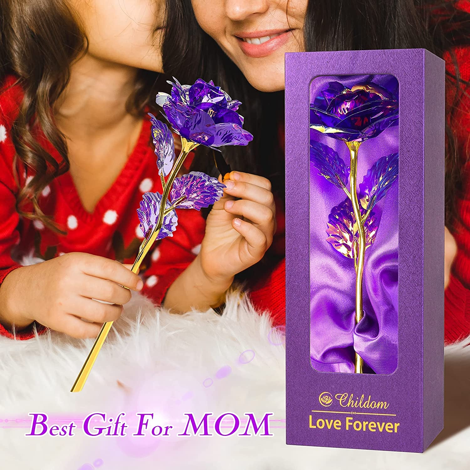Purple Colorful Rose Flower Present Golden Foil with Luxury Gift Box Great Gift Idea for Valentine'S Day, Mother'S Day, Thanksgiving Day, Christmas, Birthday, Anniversary