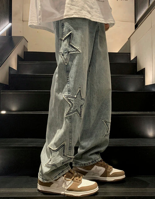 Load image into Gallery viewer, Star Embroidery Straight Casual Men Jeans Gothic Neutral New Wide Leg Loose Hip-Hop Fashion Youth Streetwear Denim Trousers Y2K
