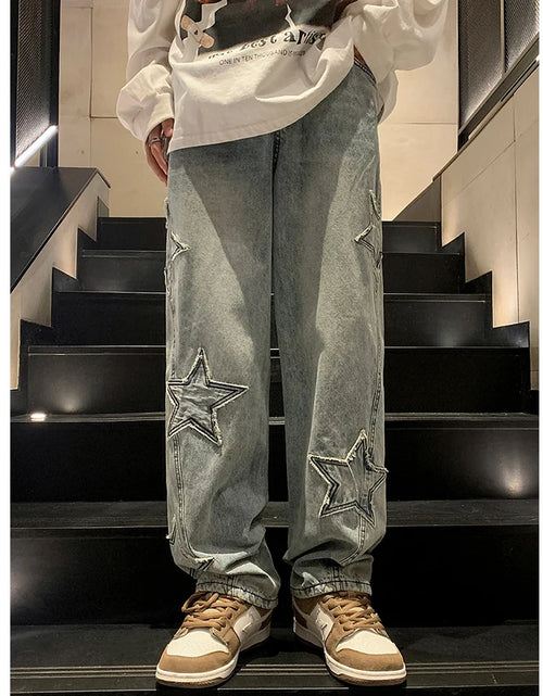 Load image into Gallery viewer, Star Embroidery Straight Casual Men Jeans Gothic Neutral New Wide Leg Loose Hip-Hop Fashion Youth Streetwear Denim Trousers Y2K
